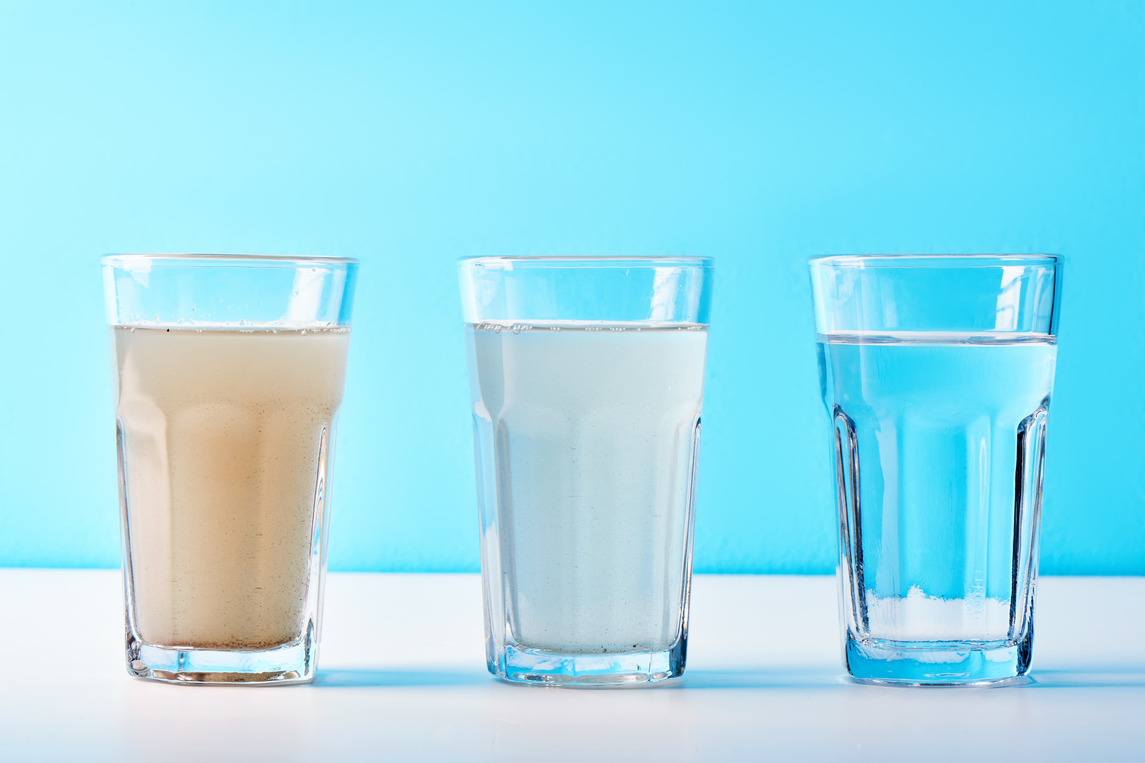 Before and after water filtration, dirty to clean water comparison